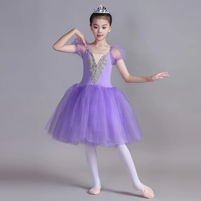 バレエドレス、ロングスタイルシフォンパフォーマンス衣装、子供用パフスカート、リトルスワンストラップレスダンスパフォーマンス衣装