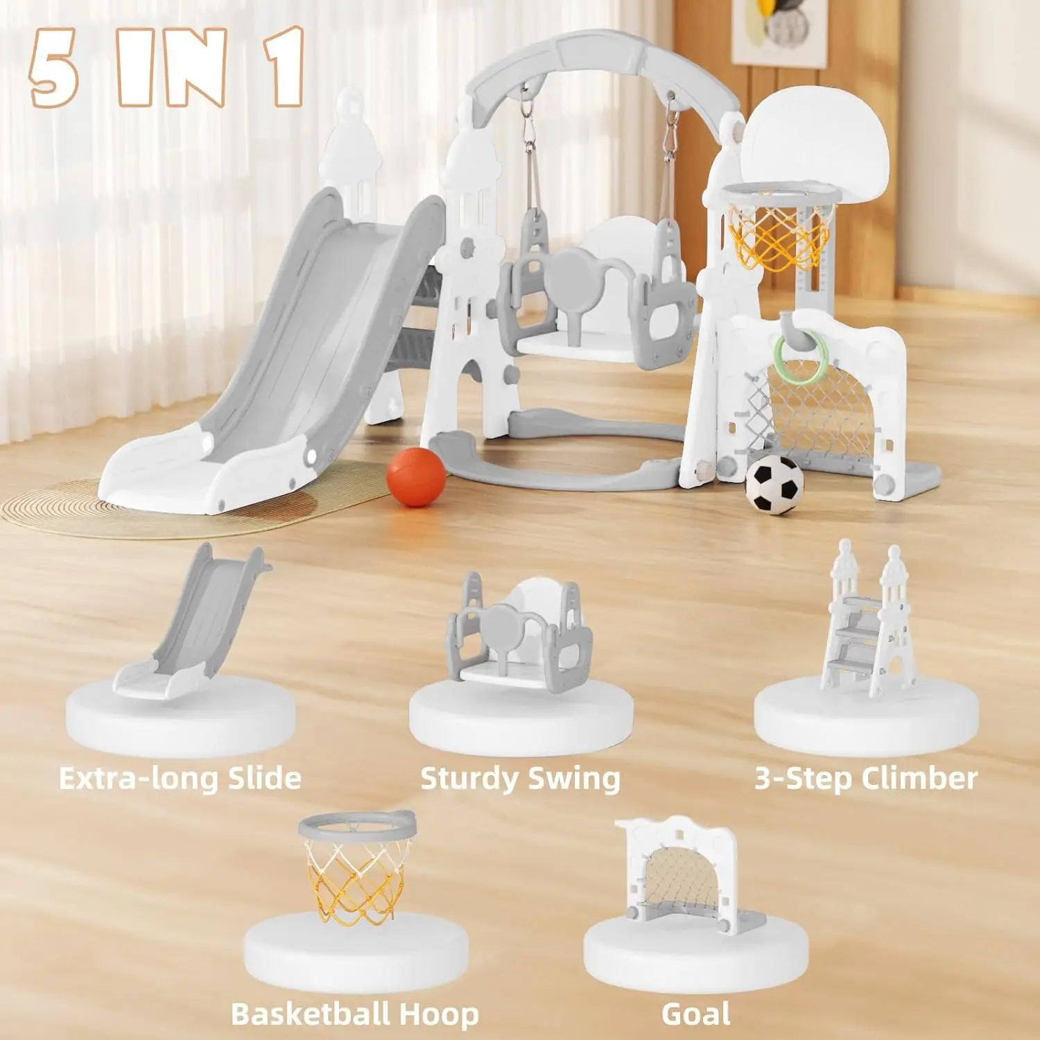 Ensemble de balançoire et toboggan pour tout-petits avec ceinture de sécurité, grimpeur en 3 étapes – Aire de jeux intérieure/extérieure pour enfants de 1 à 3 ans (gris blanc)