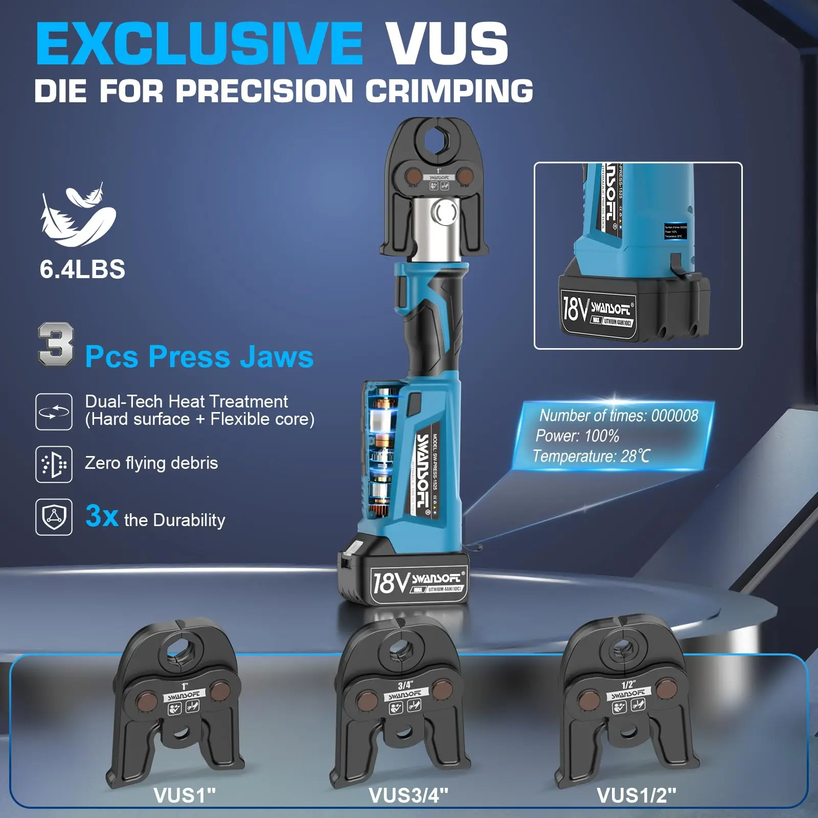 أداة مكشكشة نحاسية 22KN 18V 4Ah مع 3 أداة تجعيد أنابيب فكي قياسية أمريكية، أداة ضغط لاسلكية