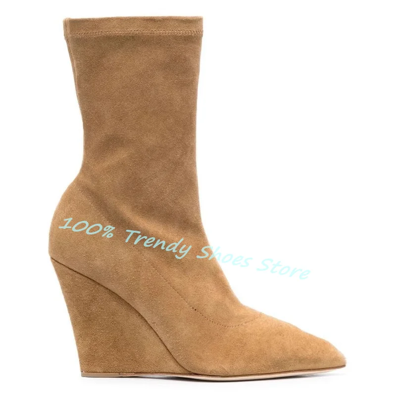 

Fashion Design Strange Heel Wedges Women Strecth Boots Pointed Toe High Heel Ankle Boots Winter Warm Ladies High Top Short Boots