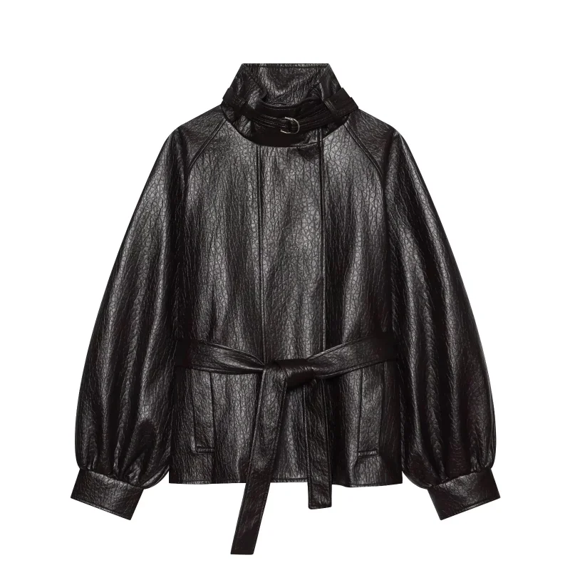 Damen Rollkragen PU-Lederjacke Winter 2026 Neu mit Gürtel Tailliert Locker Sitzend Warme Mäntel Mode Streetstyle Damen Reise-Oberbekleidung – Detail 2