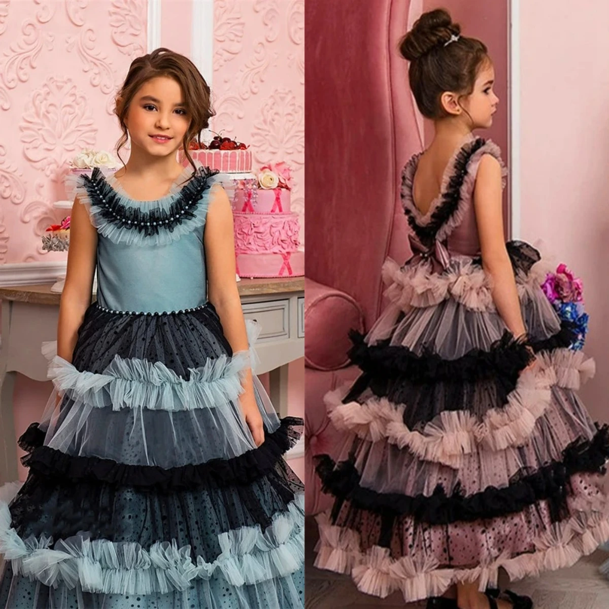 

Gorgeous Sleeveless Colour Blocking Layered Tulle Fluffy Flower Girl Dress Little Princess Ball Kids Birthday Present Gowns