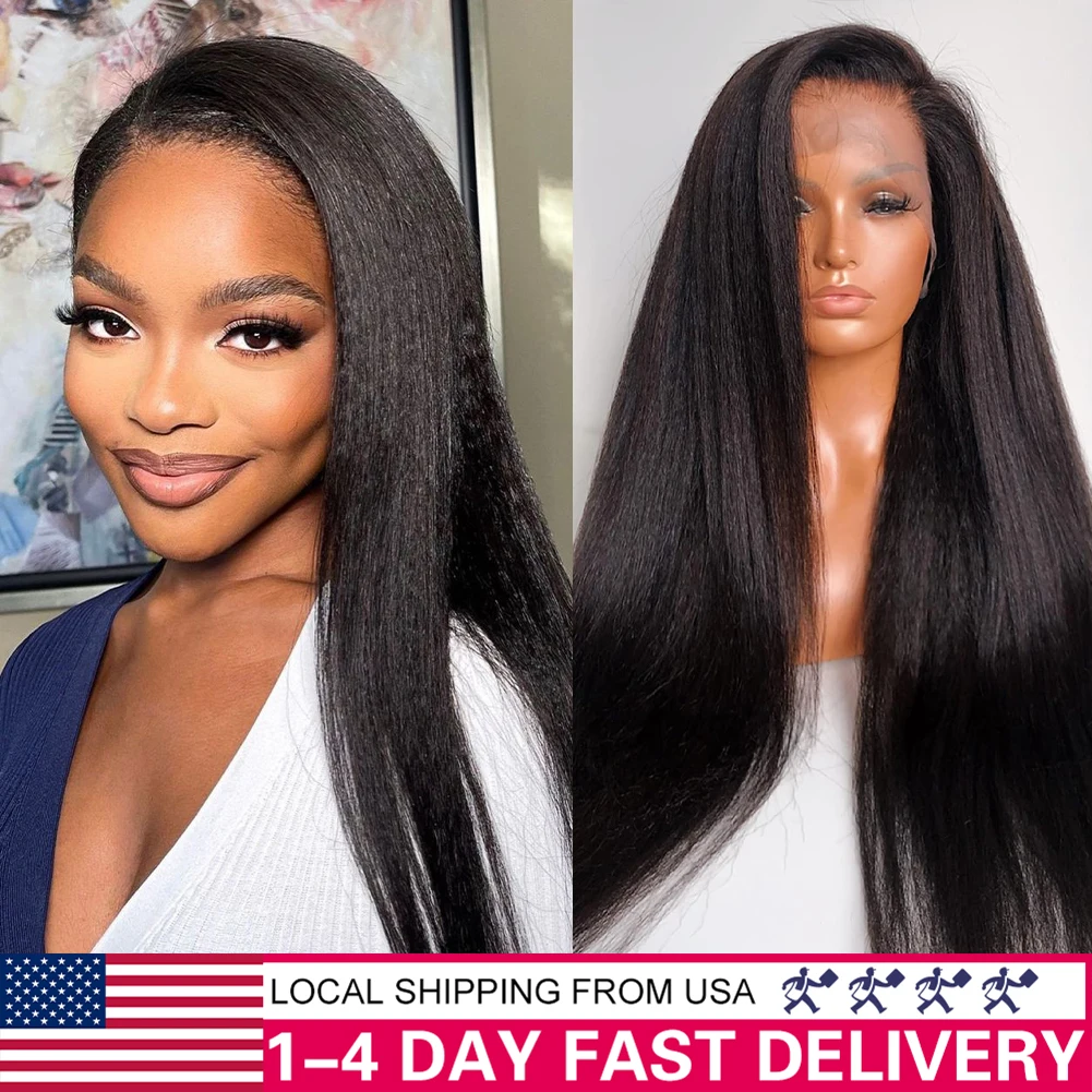 180% Kinky Straight Human Hair Wig 13x4 HD Lace Front Wigs Human Hair Yaki Straight Lace Front Wigs Human Hair Natural Black