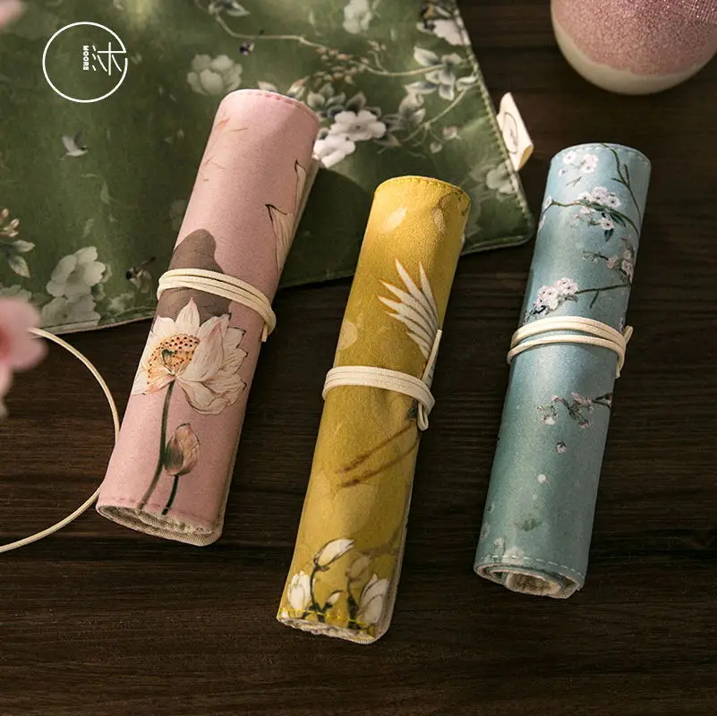 Ancient Flower Pencil Wrap Pencils Roll Holder Coloring Pencils Organizer Holder Colored Pen Paint Brush Storage Pouch Portable