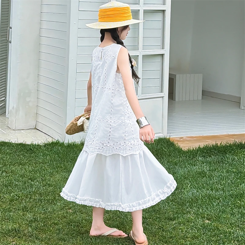Girls Dress Summer White 2026 Sleeveless Ruffle Hem Hollow Embroidery Children Clothes Suit for 110-170cm 15-50kg 5-15 Years Old