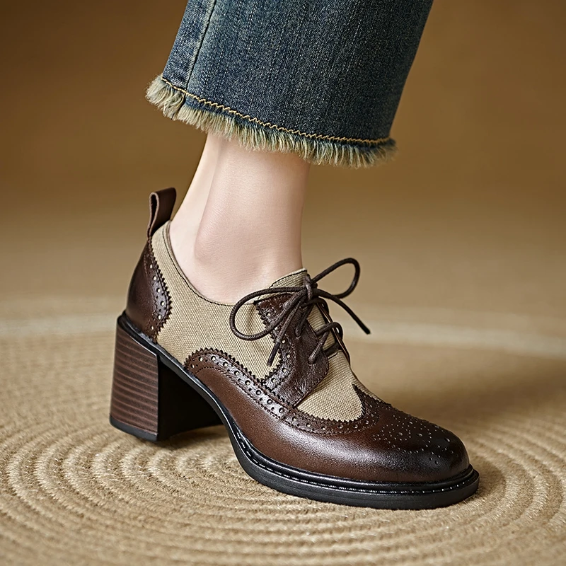 

Women's New Spring and Autumn Genuine Leather Denim Strap High Heels Thick Heels Retro Block Single Shoes Fashion Shoes