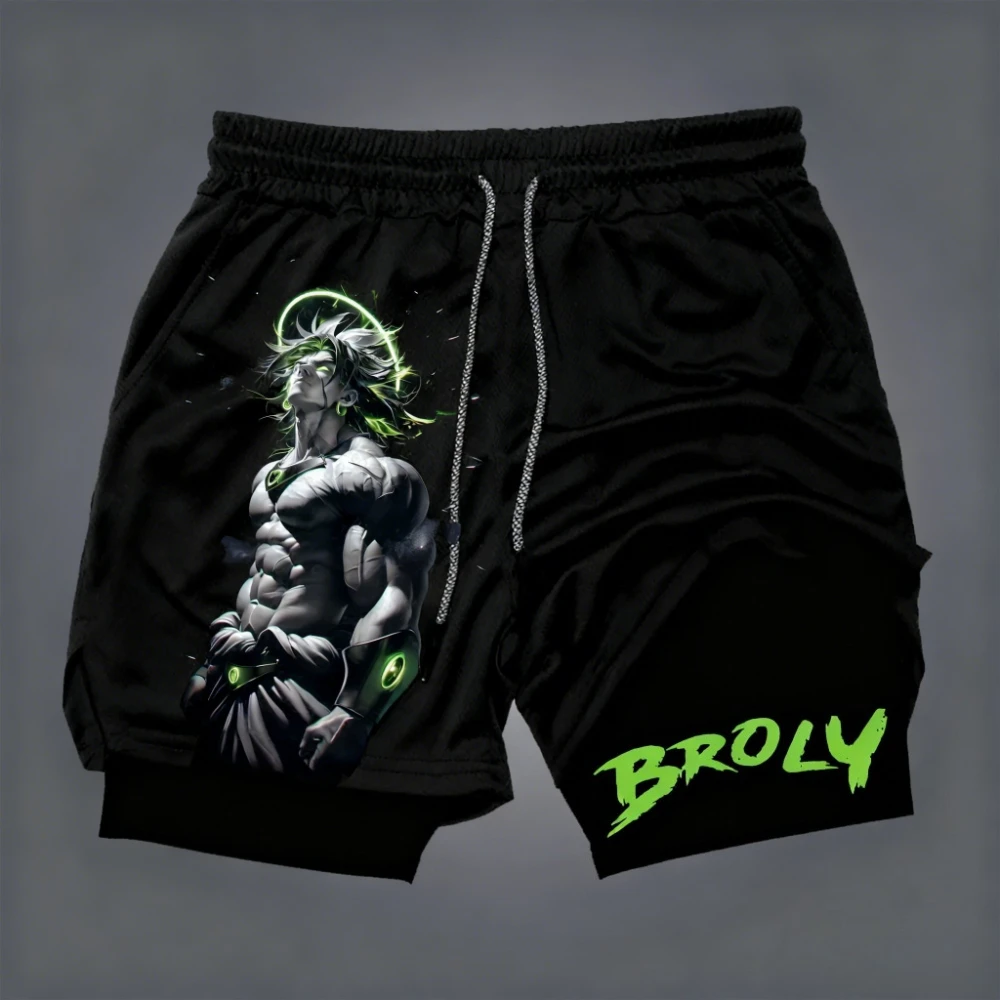 Dragon Ball Men's Double-layer Shorts Broly Summer Anime Fake Two-piece Sports Fitness Quick-drying Shorts Trendy Y2k Pants