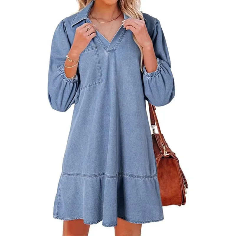 

Women's Fashion Dress Cross-Border Style Skirt Length New 2026 Casual Denim Dress V-Neck Seven-Quarter Bubble Sleeve
