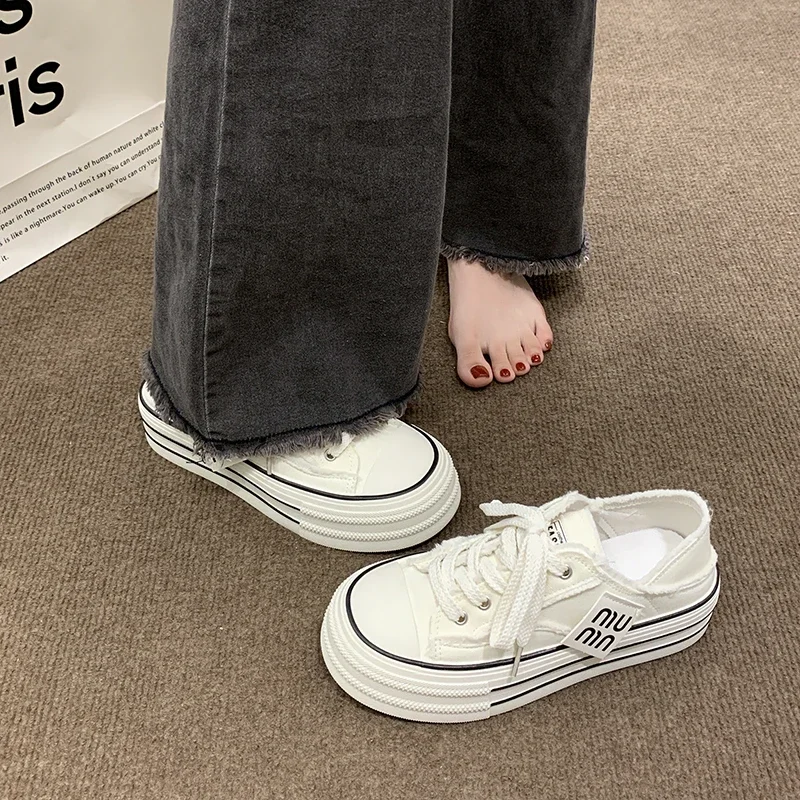 Fashion Casual Canvas Shoes for Women 2024 Spring Autumn New Designer Half Slipper Shoes Female Platformm Sneakers Ladies