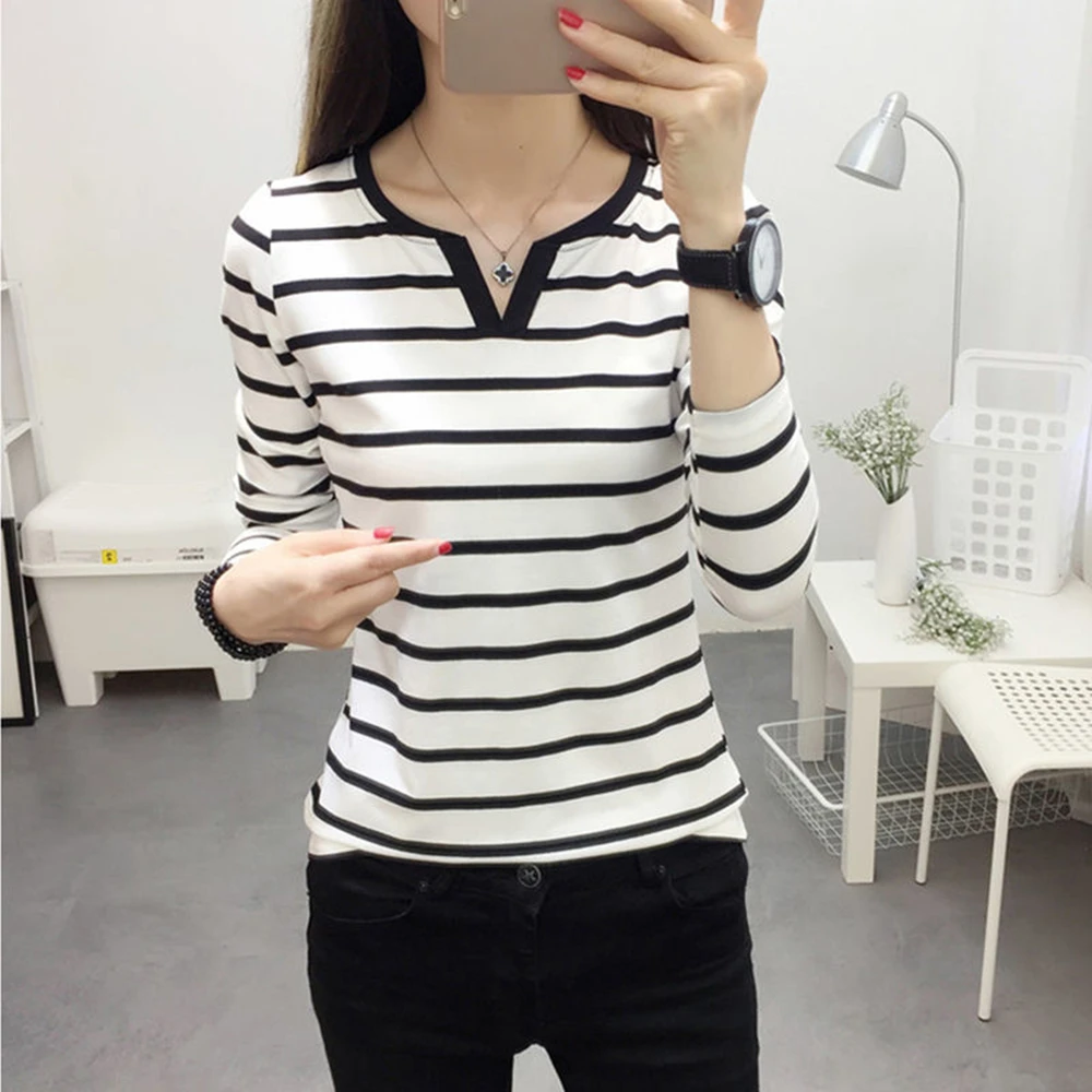 Nice Women's Spring And Autumn Striped Bottoming Shirts Versatile Loose Bottoming Shirts Woman Sleeves Slim V-neck Bottoming Shi
