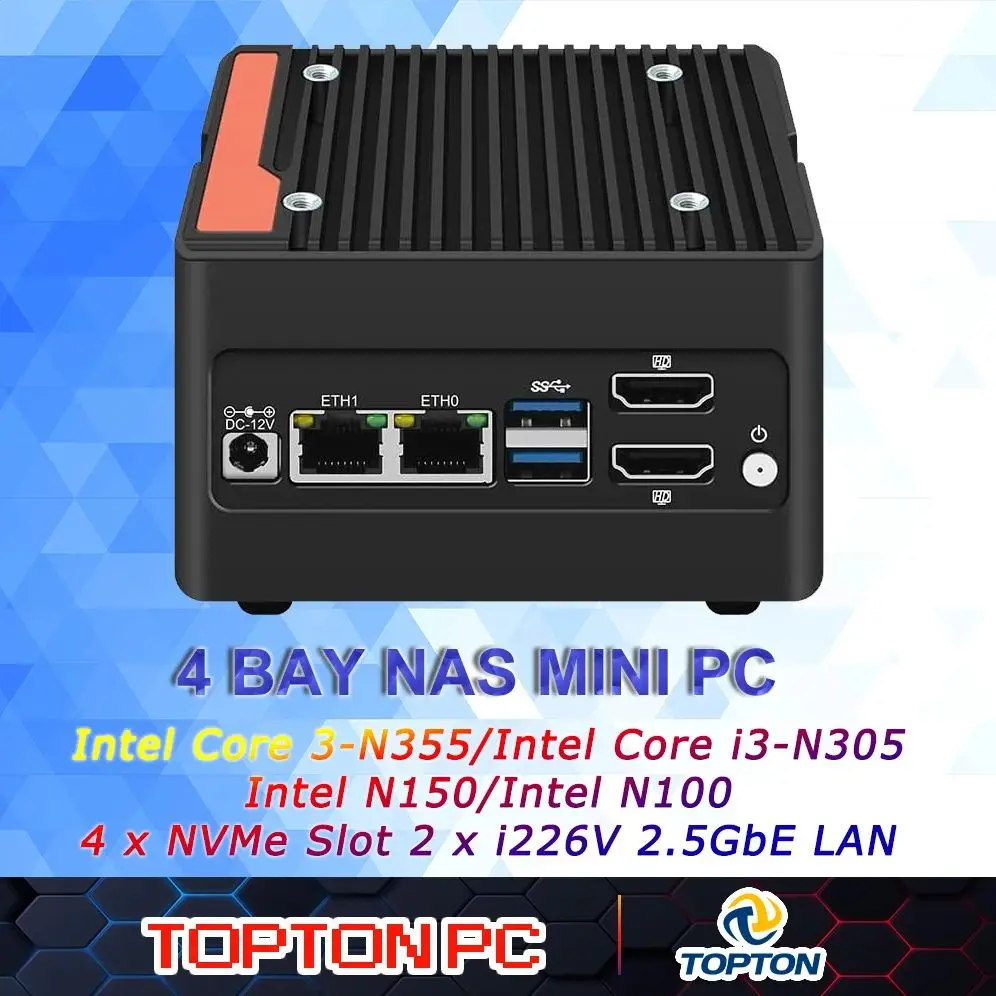 N355 i3-N305 Intel N150 Mini PC 4-Bay NAS Server Pocket Host X86 4*M.2 NVMe Expansion Slots DDR5 4800MHz Dual 2.5G Network Cards