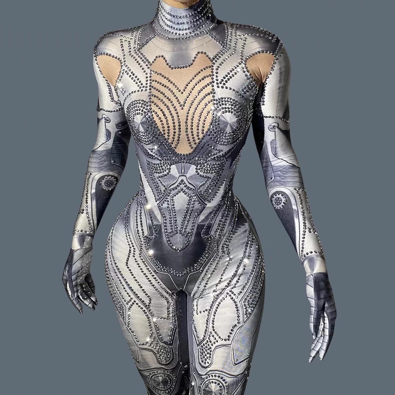 Sparkly Rhinestone Printing Silver Jumpsuit with Gloves for Women Sexy Stretchy Costume Nightclub Performance Stage Wear Gangtie
