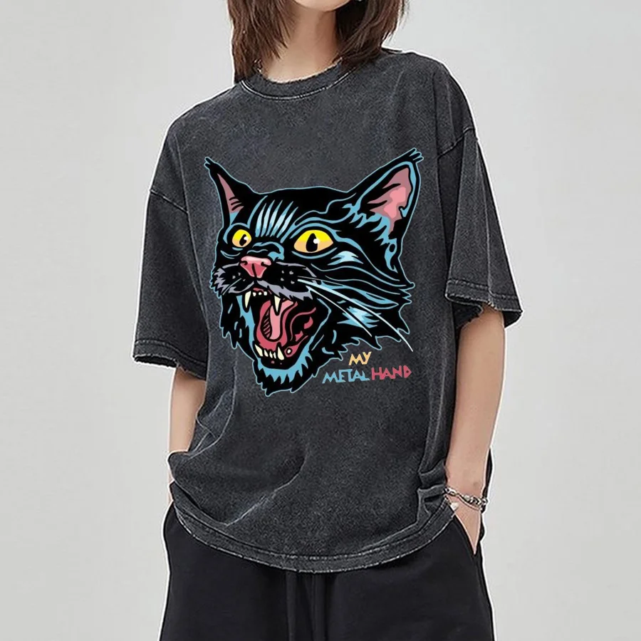 

High Street Vintage Cat Head Print Women's T-Shirt Washed Denim Cotton Oversized Unisex Short Sleeve Hip Hop Trend Top 2024