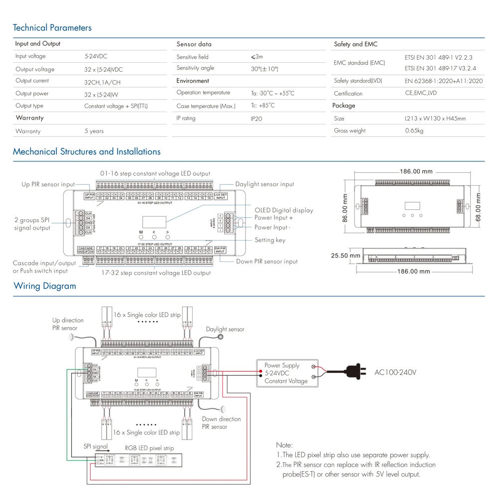 Imagem -04 - Sensor Pir Multifuncional para Escada 32ch Controle de Luz Led com Detecção de Dia para 5v 12v 24v Ws2811 Ws2812 2801 5050