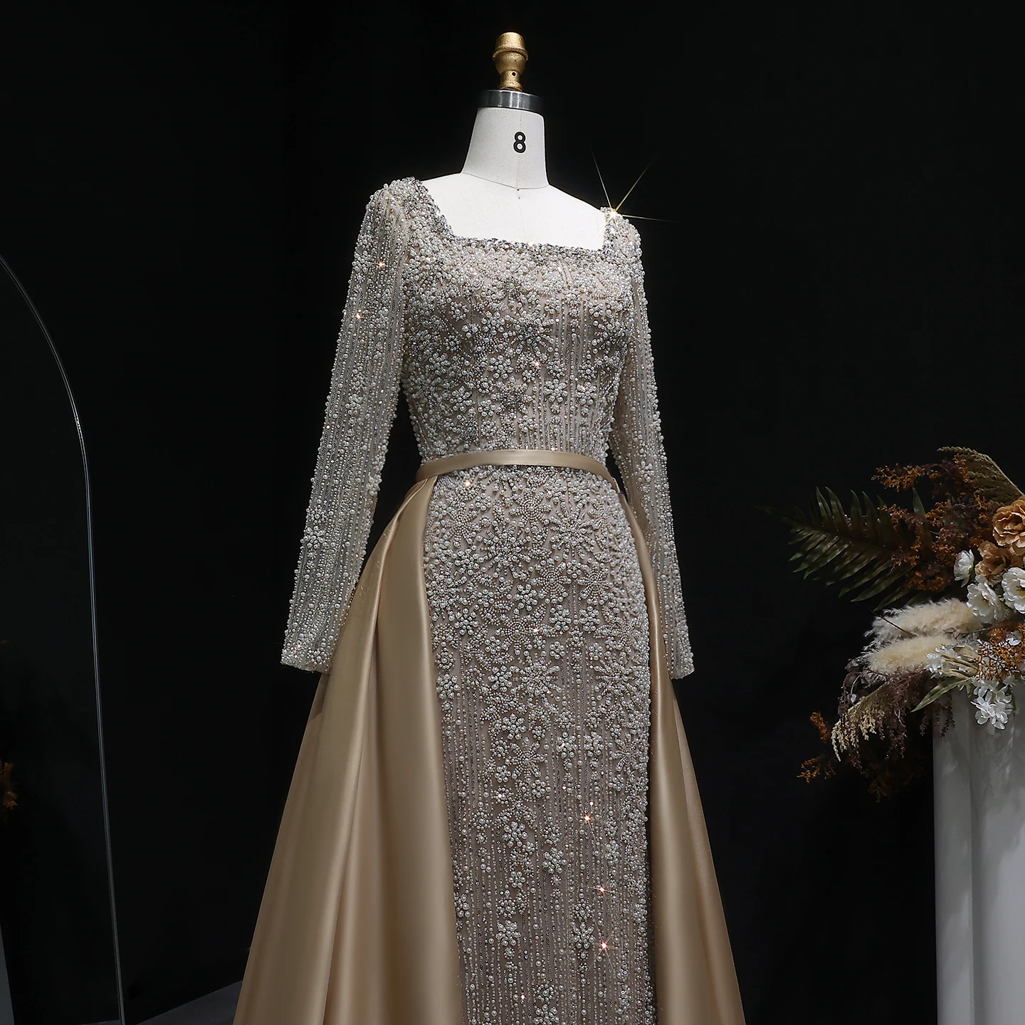 Sharon Said Champagner Meerjungfrauen-Abendkleid mit langen Ärmeln, Überrock, Perlenbesatz, Arabian Nights Ballkleid, formelles Kleid SS119, maßgeschneidert – Detail 15