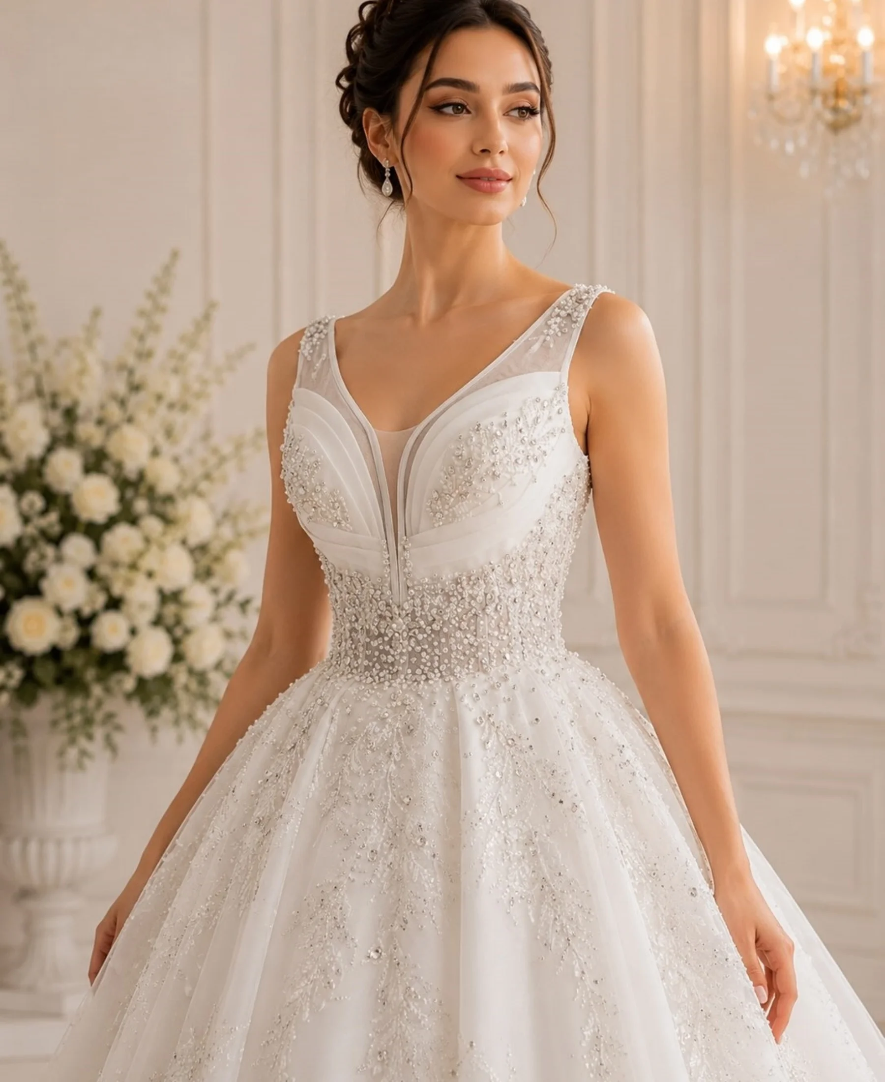 V-neck Shiny A-Line Wedding Dress Sleeveless Backless Princess Bride Gown Plus Size Customized Vestidos de Noiva