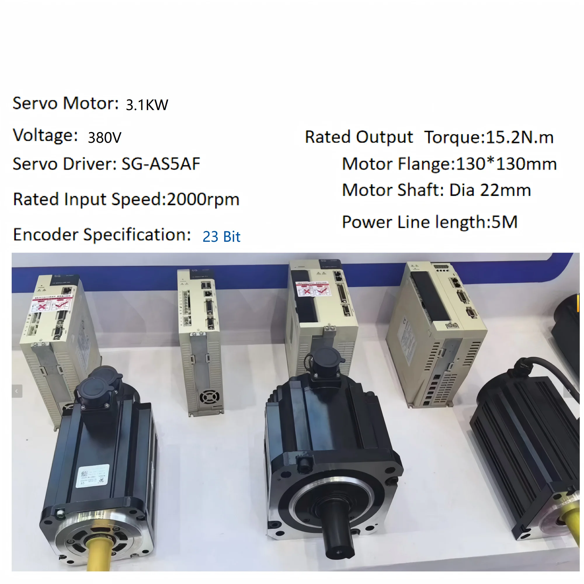 CYAutoman Servo Motor 3.1kW Input 2000rpm Output 15.2N.m 23Bit 380V Motor Shaft Dia 22mm Motor Flange 130x130 mm