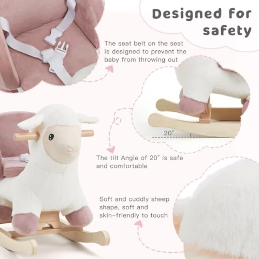 Baby hobbelpaard, kinderen pluche gevulde hobbeldieren, schommelstoel met veiligheidsgordel voor baby's van 6 maanden, wit schaap hobbelpaard