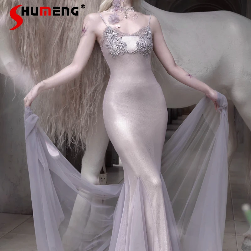 

Y2k Embroidered Beaded Strap Dress With Fishtail Dress Japanese Style Lolita Long Slimming Suspender Dresses For Ladies Girls