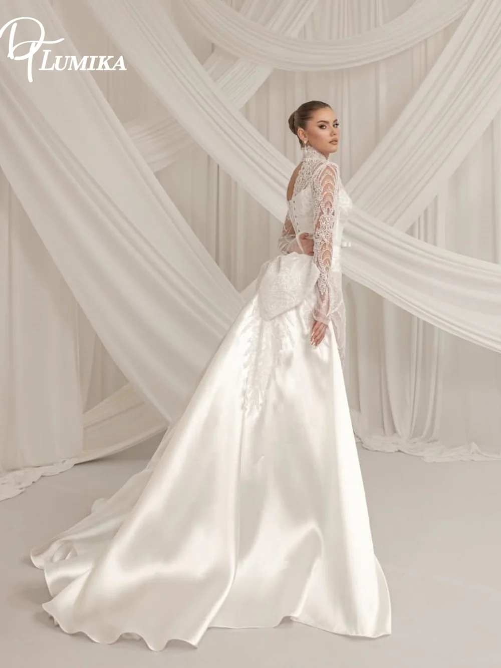 Elegant Lace Appliques Bridal Gown Versatile High Neck Long Sleeve Wedding Dress Removable Train Customized Vestido De Novia