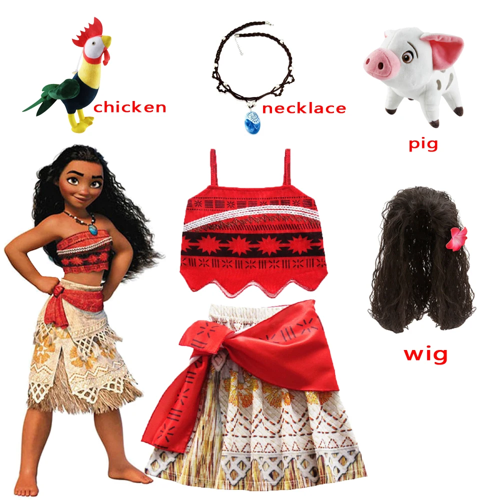 

Kids Clothes Moana Dresses Girls Vaiana Princess Dress Necklace Wig Children Carnival Birthday Party Costume Pet Pig Chick Set