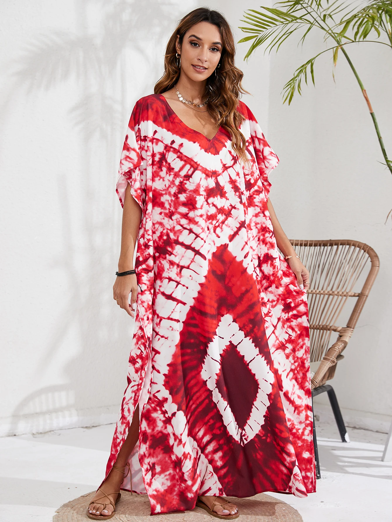 Plus Size Boho Cover Up Women s Plus Tie Dye & Geo Print Batwing Sleeve V Neck Kaftan Beach Cover Up Dress