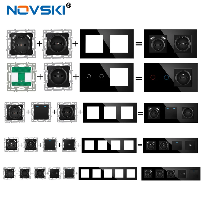Novski Panel de vidrio templado interruptor de luz LED, enchufe de pared europeo y francés, USB, TV, RJ45, RJ11, módulo de interruptor de sensor DIY