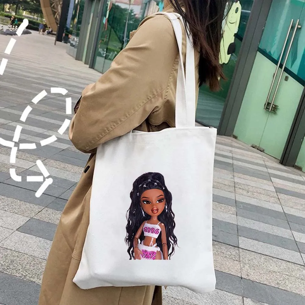 Lovely Cute Babygirl Bratz Doll Girlz Sexy Cartoon Pink Girl Women Shoulder Shopper Shopping Canvas Tote Bag Female Lady Handbag