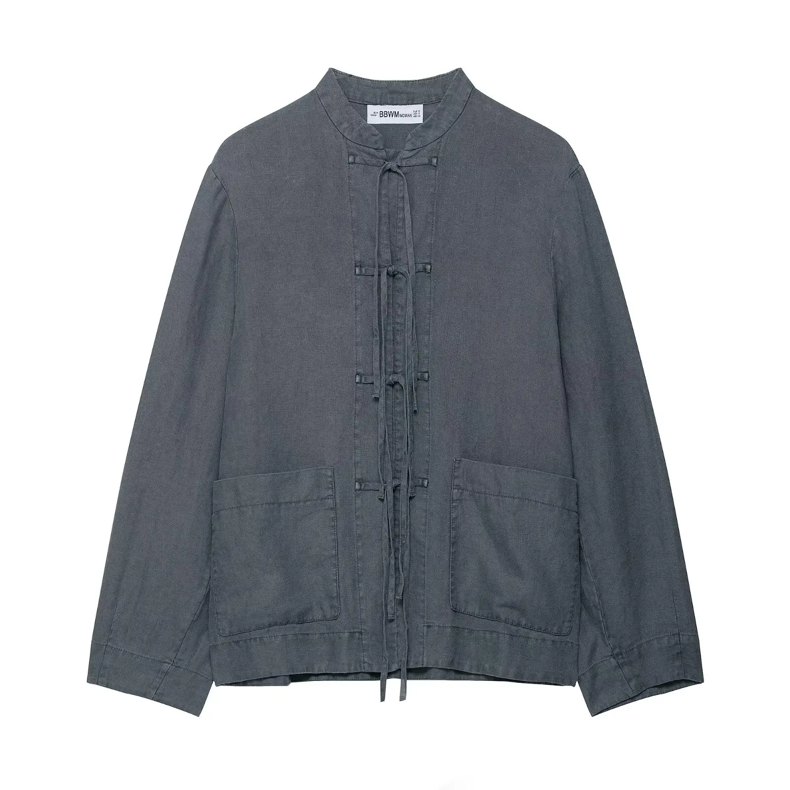 

Autumn Retro Casual Style Long Sleeved Top Chic Gray Women Single-row Lace-up Jacket Coat Pocket Shirt