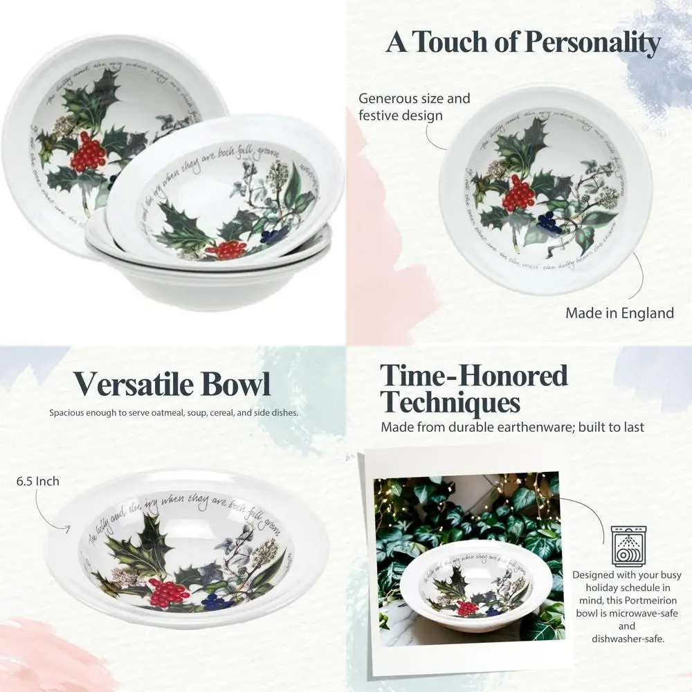 

Holly and Ivy 6.5 Inch Round Cereal Bowls Set of 6 - Dishwasher and Microwave Safe, Hand-Decorated Earthenware for Everyday Use