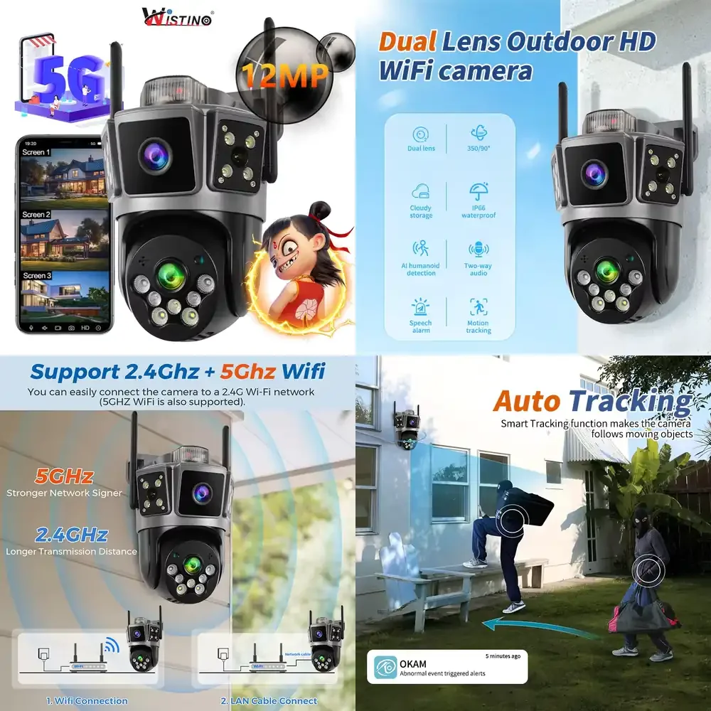 

6K Outdoor Dual Lens WiFi Camera for Three Screen Motion Detection Alarm Night Vision Full Color Voice Support 5G