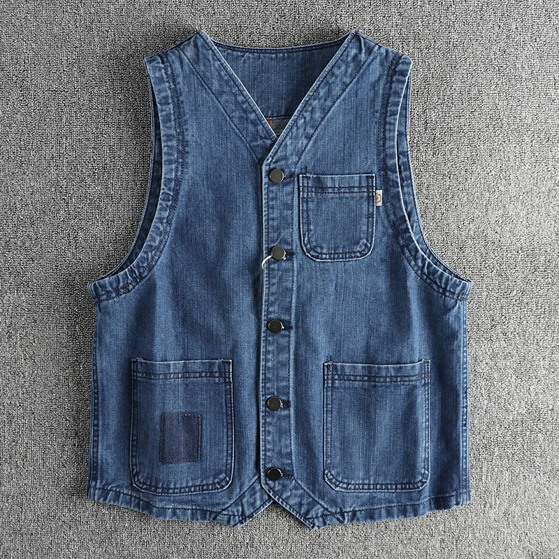 Vintage blue water wash to make old trend men\'s denim vest autumn and winter casual cotton sleeveless vest coat