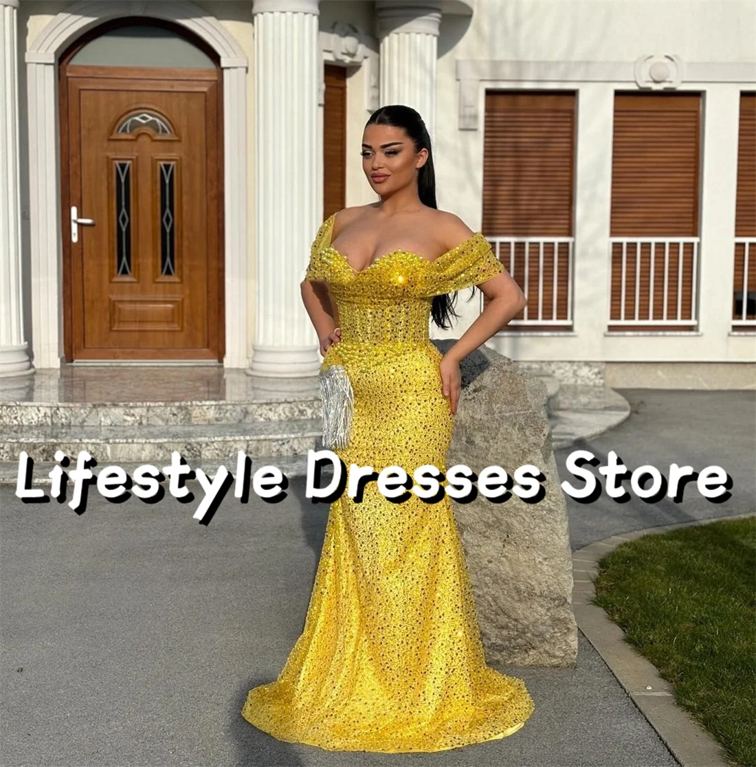 

Gold Sparkly Off Shoulder Luxury Mermaid Long Evening Dresses Beadings Sequin Party Gown vestidos para eventos especiales