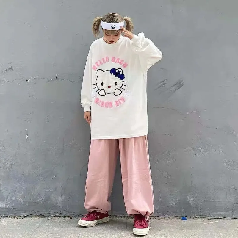 Spring/Autumn Long Sleeve T-shirt Women New Harajuku Graphic T Shirt Embroidered Hello Kitty Loose Student Top Aesthetic Clothes