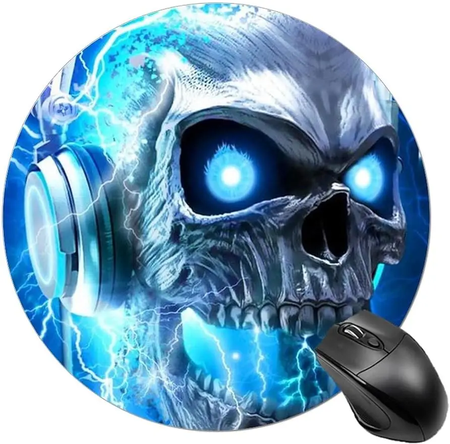Gaming Mouse Pad Psychedelic Blue Lightning Skull Head Music Art Mousepad Mat Non Slip Base Water Resistant Mouse Mat for Laptop