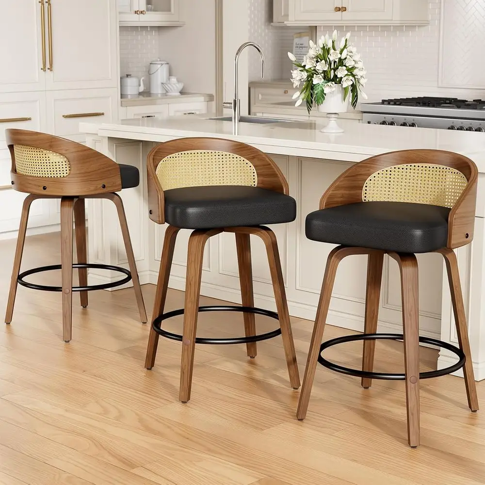 

Rattan Bar Stools Set o 3, 26" Swivel Counter Height Bentwood Barstool, -Century ern PU Leather Upholstered Bar Chair with Back