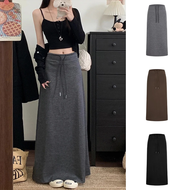 MosesQueen Grey Elastic Waist Sports Skirt Women's Spring High Waist Straight Cut Long Skirt Korean Style Breathable Skin-Fri...