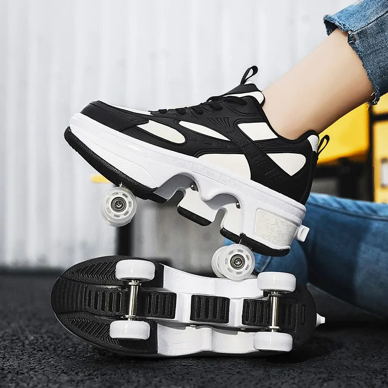 Double-Row Deform Wheel Automatic Walking Shoes Invisible Deformation Roller Skate 2 in 1 Removable Pulley Skate Skating Parkour