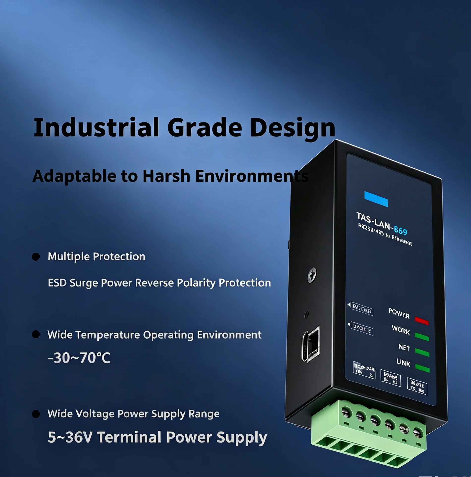 RS485 to Ethernet Serial Server Modbus RTU TCP MQTT Gateway IP30 Wide Temp -40~85°C DIN Rail Mount Converter