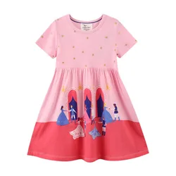 Jumping Meters New Arrival Pink Girls Dresses Bag Print Hot Selling Summer Children's Clothes Short Sleeve Cute Cotton Kid Dress