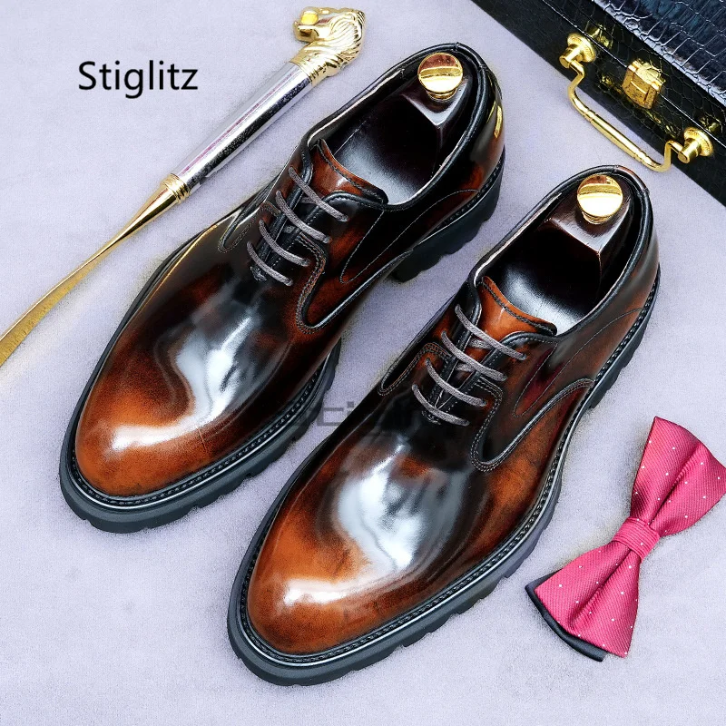 British Style Mirror Leather Shoes Men's New Autumn Thick Sole Lace-Up Fashion Shoe Formal Business Genuine Leather Casual Shoes