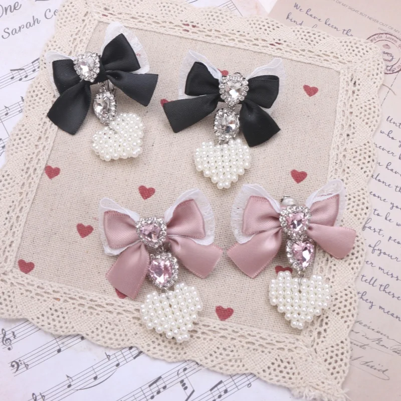 Brincos lolita feitos à mão com laço, strass, coração, pérola, pingente, clipes para sem piercing de orelha, agulha de prata 925