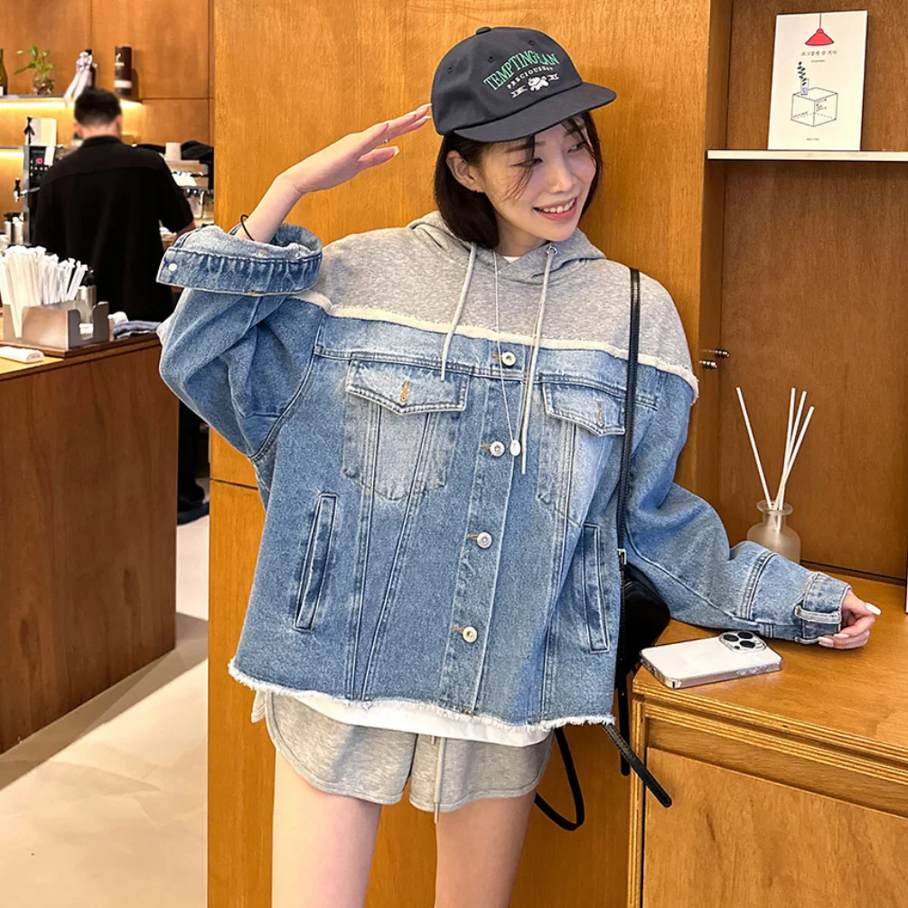 Patchwork Denim Jack Met Capuchon Crop Herfst Lange Mouw Winterjas Vrouwen Korean Casual Botton Blue Jean Jasjes Ovsize Streetwear