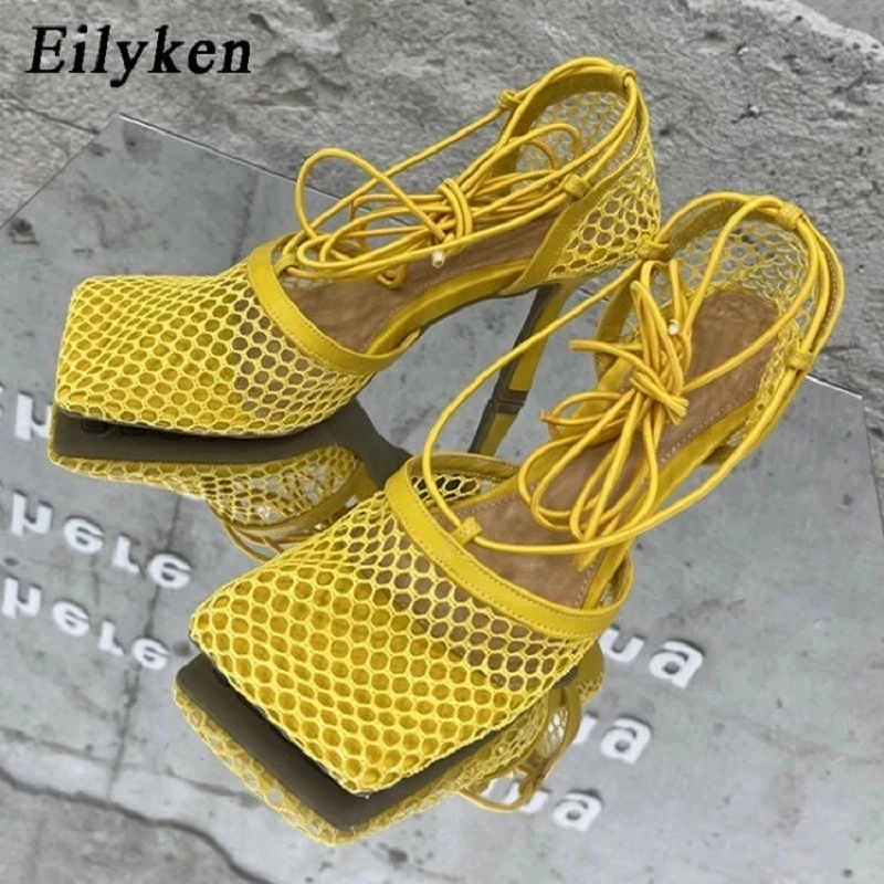 Eilyken Sexy Mesh Pumps Sandals Female Square Toe High Heel Lace Up Cross-Tied Stiletto Hollow Dress Shoes Zapatos Mujer