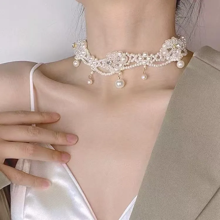Chinese Style Lucky Blessing Faux Pearl Rhinestone Flower Choker Necklace Elegant Women Clavicle Chain For Wedding Party Jewelry