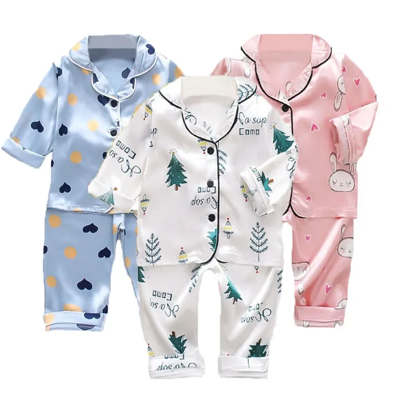 Children\'s Pajamas Set Baby Suits Kids Clothes Toddler Boys Girls Soft Ice Silk Tops Pants Set Home Wear Kids Pyjamas Nightgown