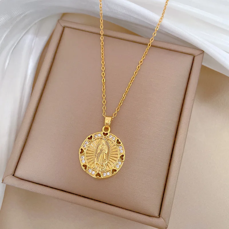 الفاخرة الجوف القلب الزركون مريم العذراء قلادة مستديرة قلادة للنساء الفتيات الفولاذ المقاوم للصدأ سلسلة الذهب اللون مجوهرات هدايا #4