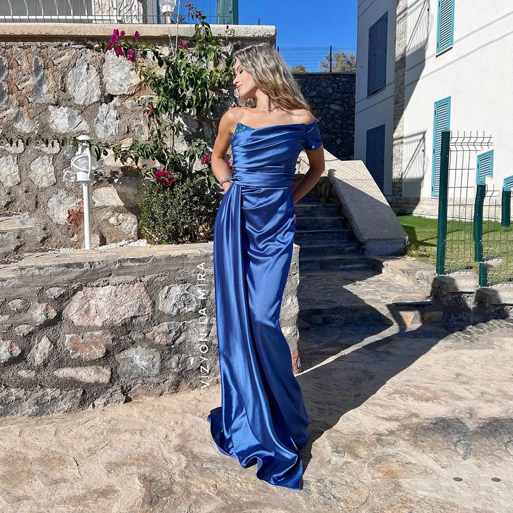 

SoDigne Blue Mermaid Satin Evening Formal Dresses 2023 One Shoulder Women Prom Gowns Pleats Party Dressty Dress