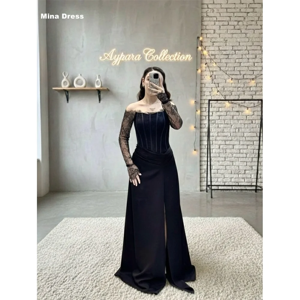 

Mina Customized Black Luxury Party Dress One Shoulder Luxurious Evening Dresses Brands Lace Embroidery Slit Elegant Prom Women's