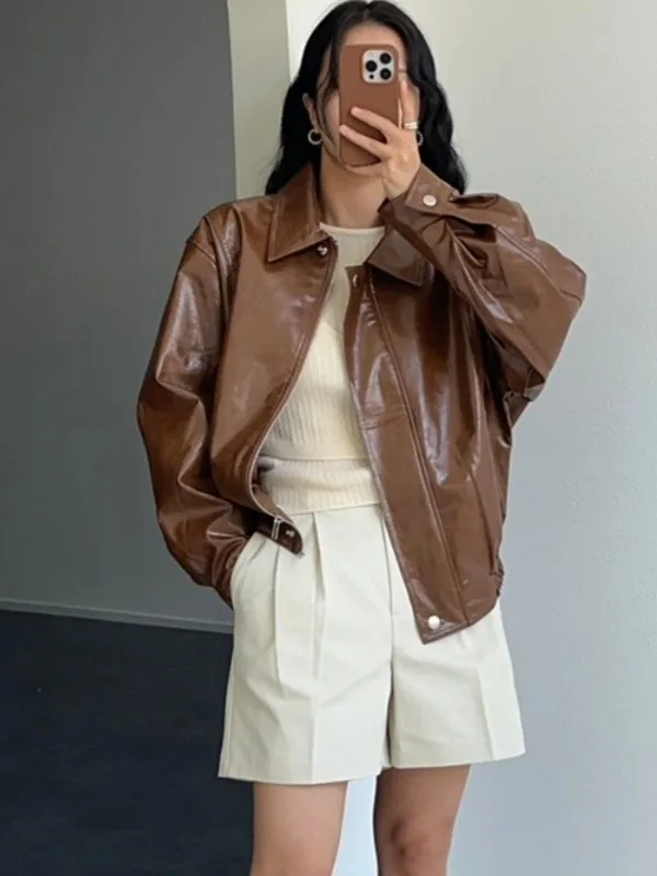 Giacca Moto Casual Unisex in Pelle PU Stile Retrò Hong Kong di Alta Qualità con Chiusura a Cerniera - Collezione Primavera